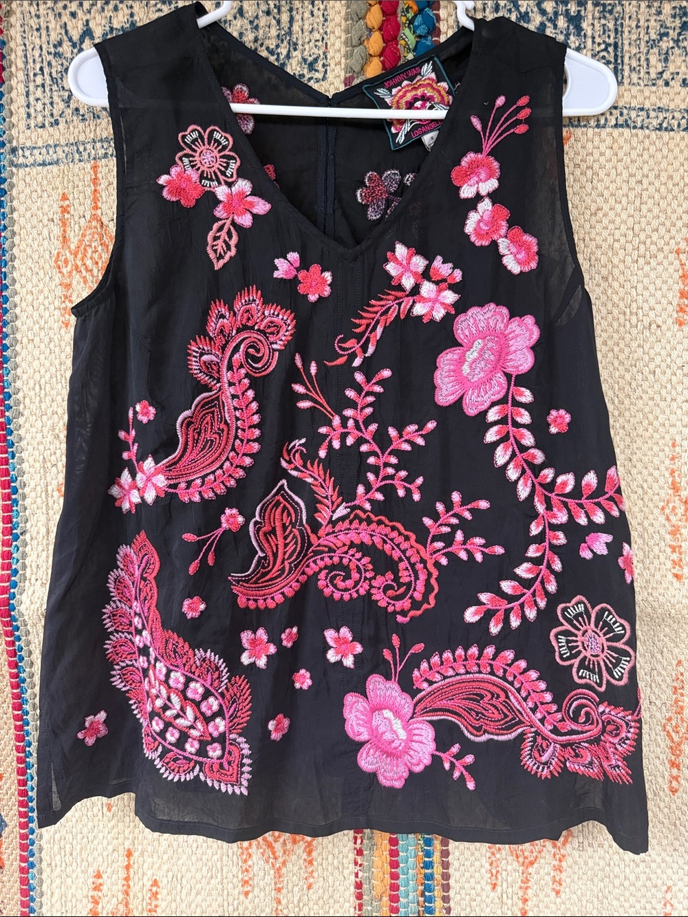 Johnny Was black/pink sleeveless top with button back. New with tags.